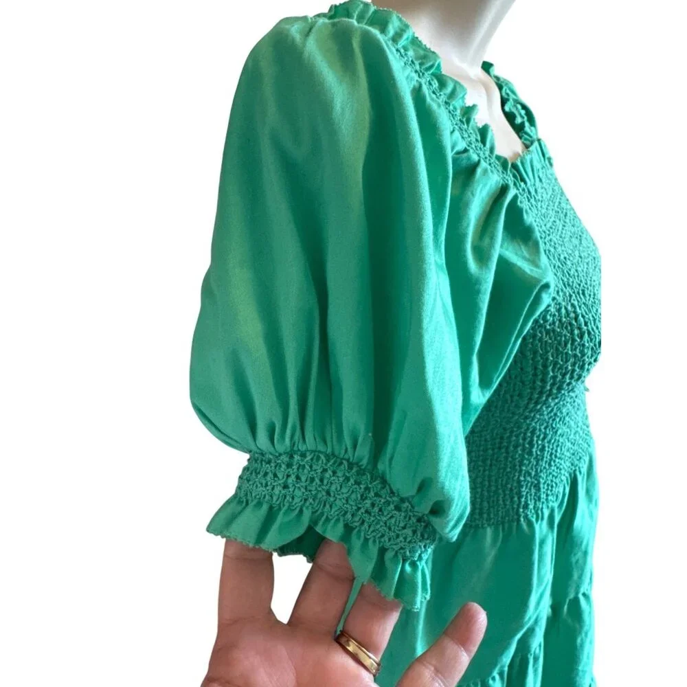 Alice + Olivia Green Smocked Puff Sleeve Mini Dress Size 2 Cotton Cottage Core